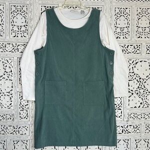 Vintage Sage Green Overall Style Dress with Button And Pocket Details Sz Large‎